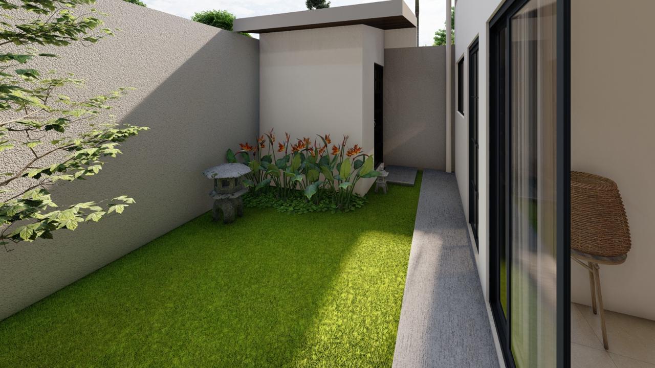 Jardín lateral con gramilla, heliconia y área de paso en concreto