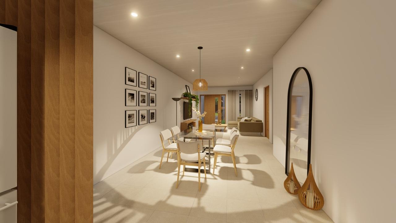Sala comedor con acabados en madera, diseño abierto y acceso al jardín